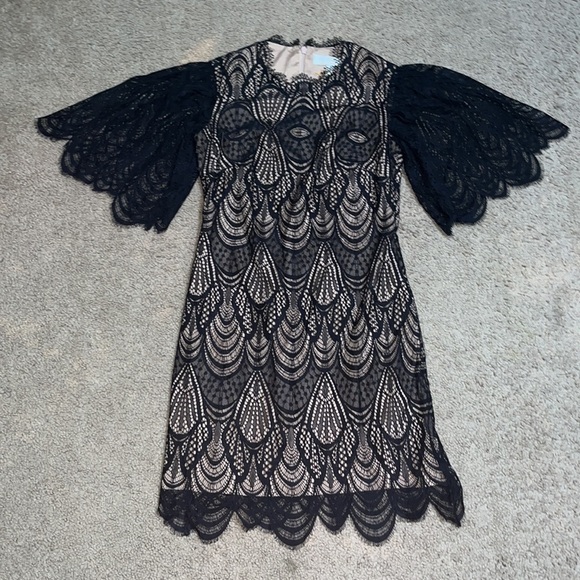 Dress the Population Toni Angel Sleeve Sheath Sheer Overlay Bodycon Black XXS - Picture 4 of 10